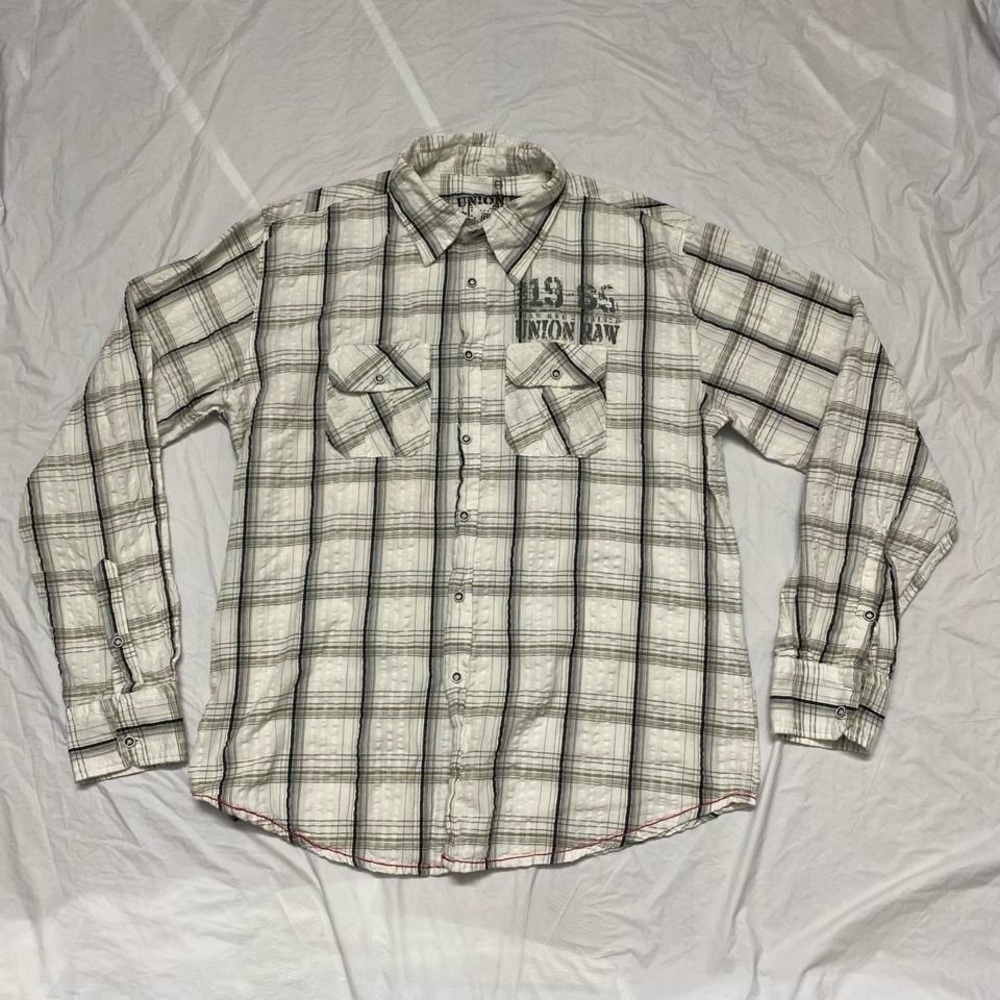 Y2k white plaid button up long sleeve shirt
